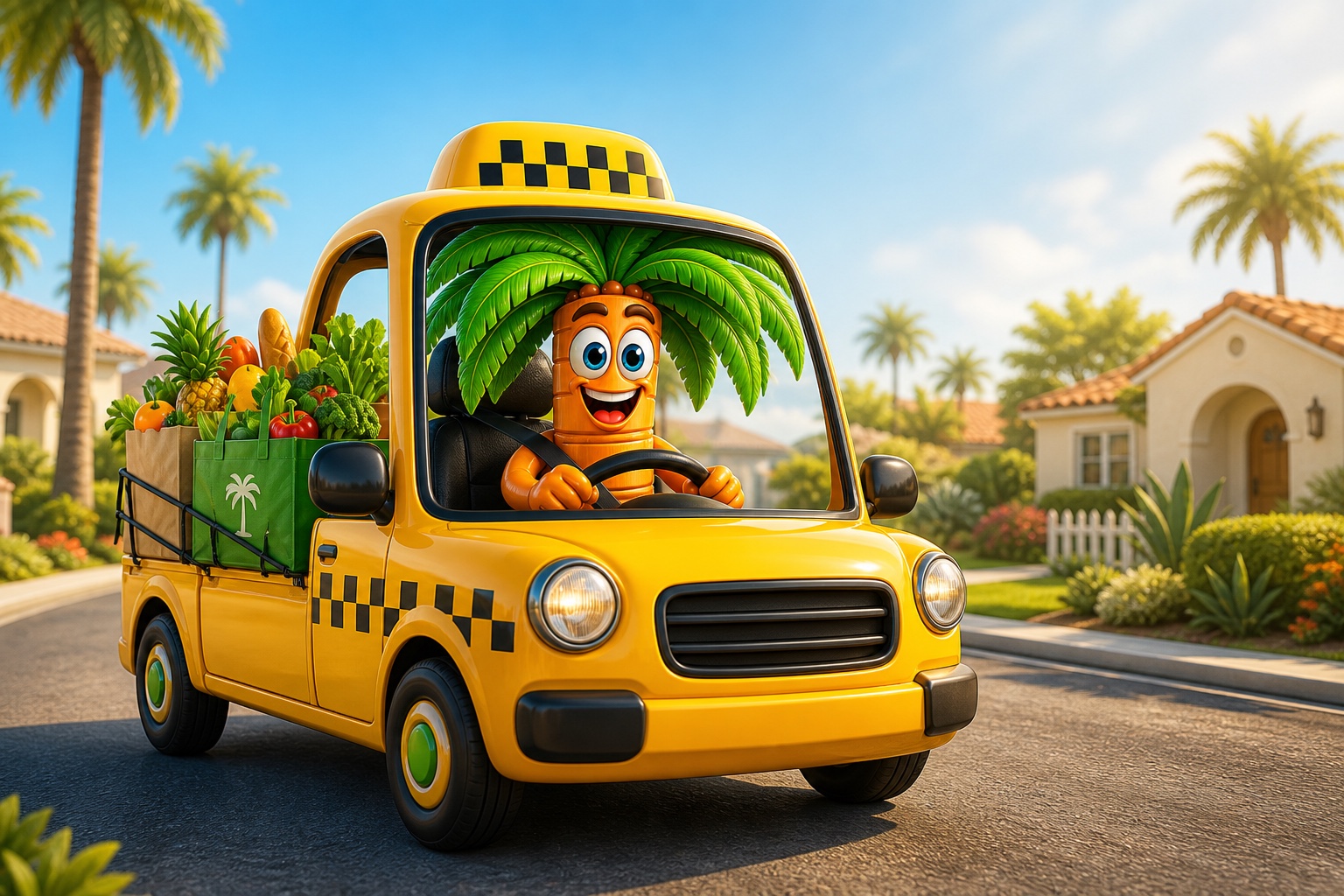 Tropicana palm tree driver bringing fresh groceries in the yellow Tropicana delivery car